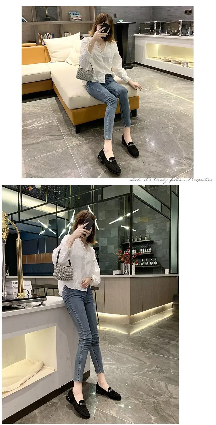 Suede autumn shoes flat English style square toe, loafers, Korean style, British style, low heel, wide stable heel, French vintage style, non-slip sol — chobi 10
