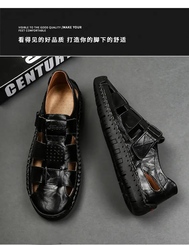 (Cross-border trading), fashionable leather men's slippers with decorative stitching, beach trend sandals, genuine leather, summer 2024 — chobi 5