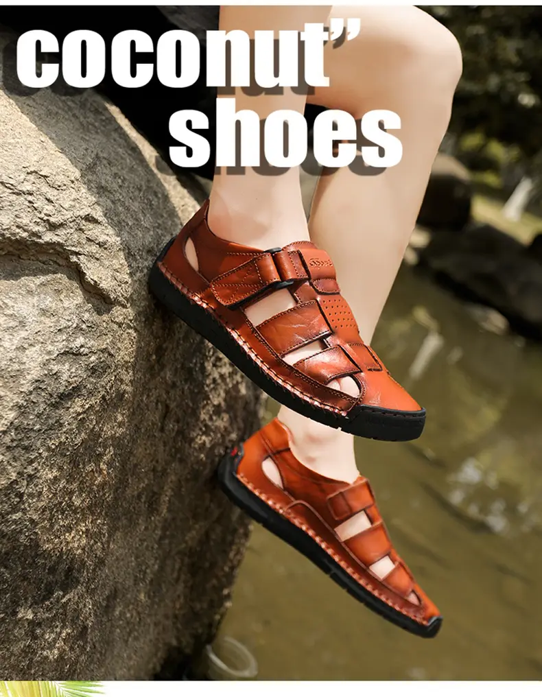 (Cross-border trading), fashionable leather men's slippers with decorative stitching, beach trend sandals, genuine leather, summer 2024 — chobi 6