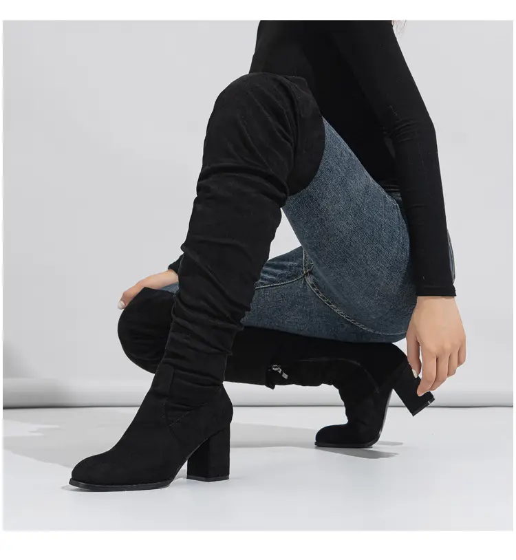 Spot - New foreign trade over-knee boots soft-faced natural wrinkled thick-heeled outdoor street catwalk women's boots size 35-42 — chobi 9