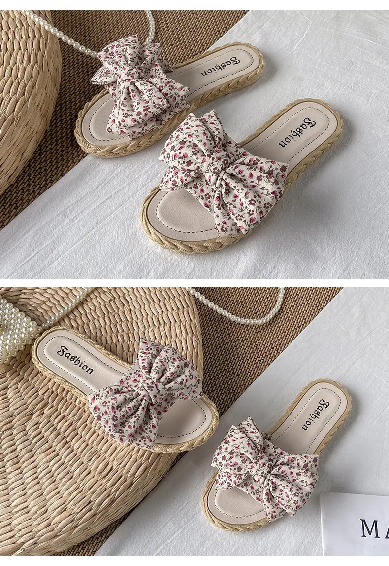 Women's summer fashionable beach footwear with bow, sandals flat, women's slippers, Collection Year 2024, suitable for outdoor wear — chobi 20