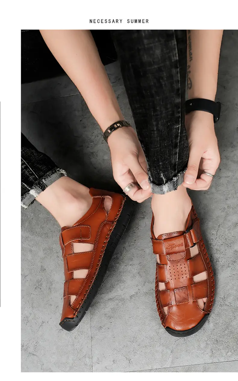 (Cross-border trading), fashionable leather men's slippers with decorative stitching, beach trend sandals, genuine leather, summer 2024 — chobi 22