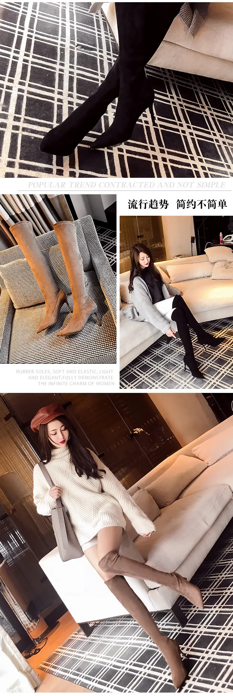 Demi-season black suede high boots pointed-toe stiletto heels, (Physicals), visually slimming — chobi 10