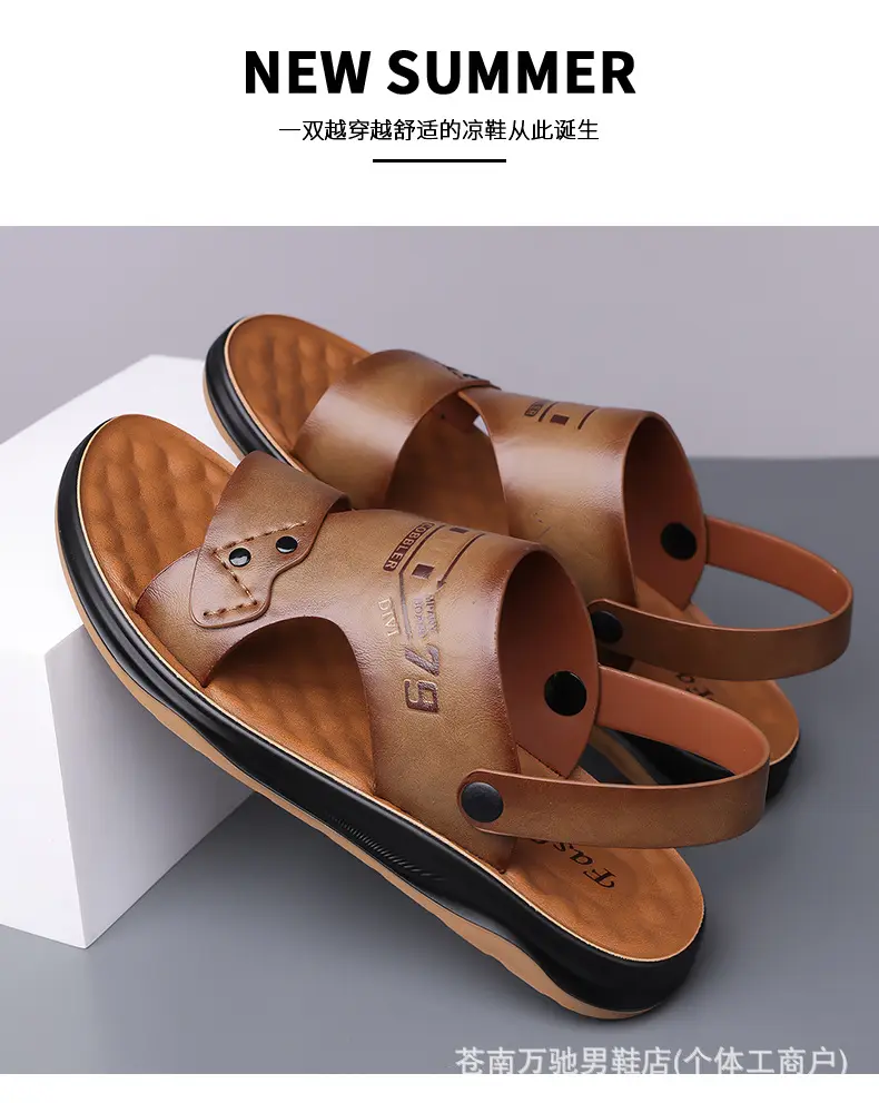 (Wholesale), breathable sandals, summer wear-resistant beach footwear for leisure, non-slip slippers, genuine leather — chobi 23