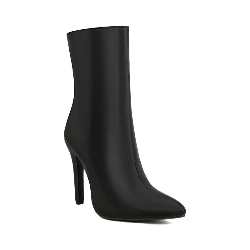 Demi-season cloth pointed-toe stiletto heels with extremely high heels made of satin, chain with zipper, ankle boots, low boots — chobi 19