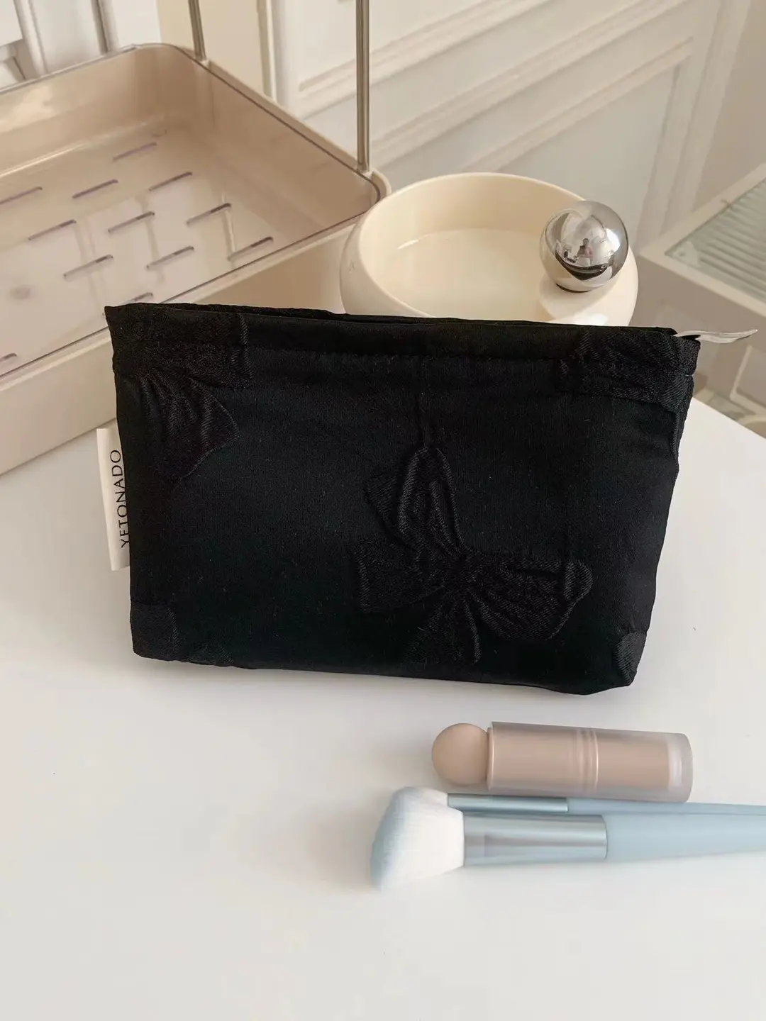 Retro cosmetic bag with bow, lipstick for skin care, handheld capacious storage bag — chobi 13