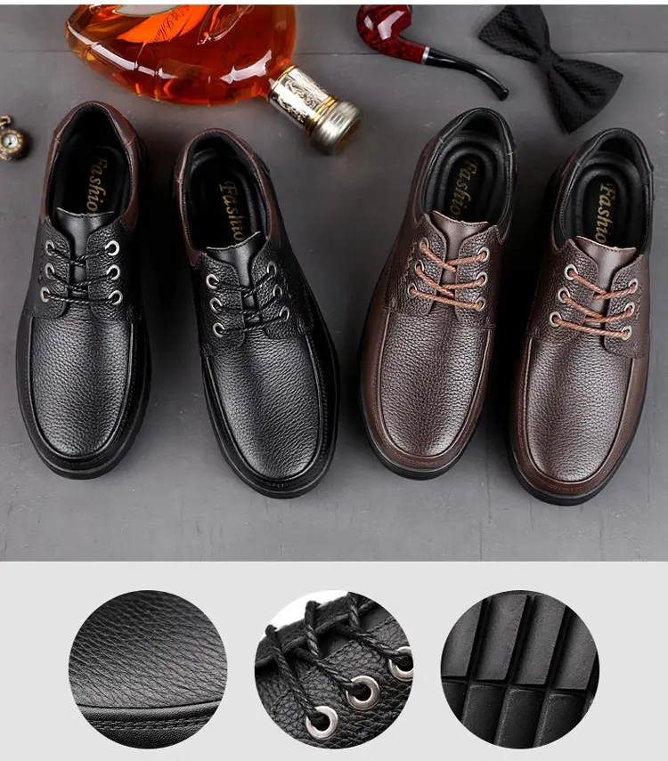 Leather demi-season shoes, men's casual casual footwear, for middle age, Korean style, soft sole — chobi 6