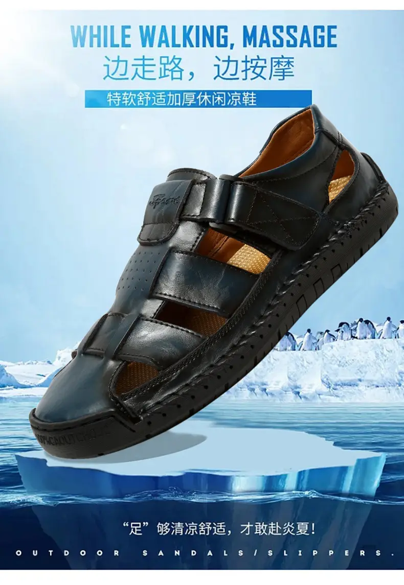(Cross-border trading), fashionable leather men's slippers with decorative stitching, beach trend sandals, genuine leather, summer 2024 — chobi 4