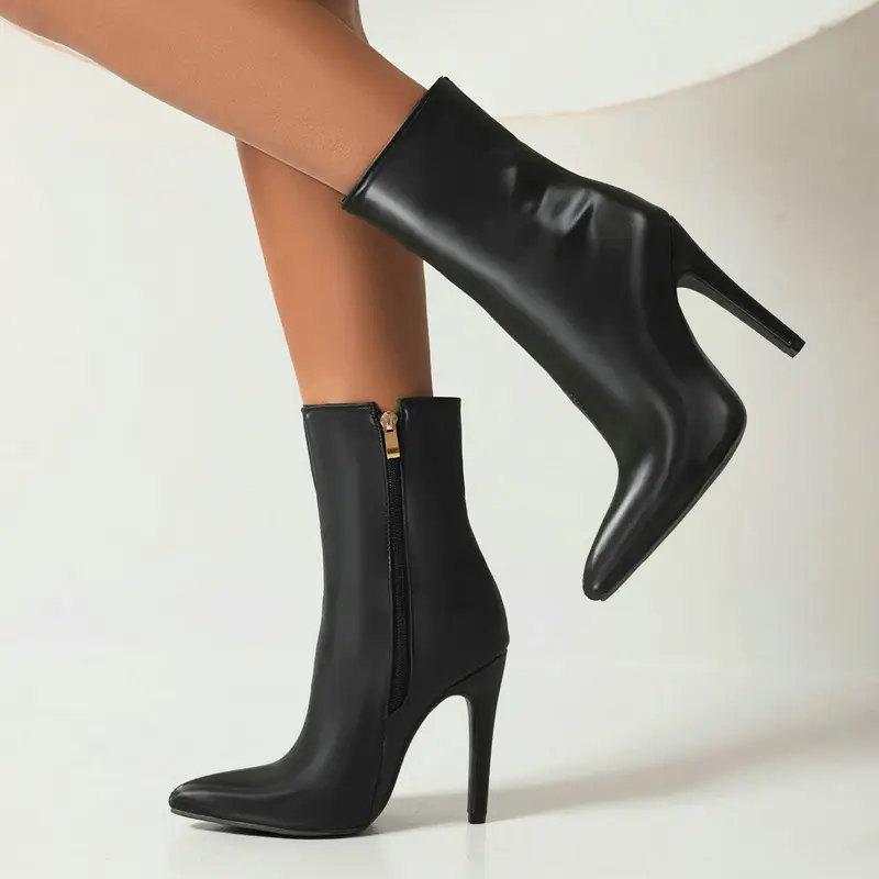 Demi-season cloth pointed-toe stiletto heels with extremely high heels made of satin, chain with zipper, ankle boots, low boots — chobi 17