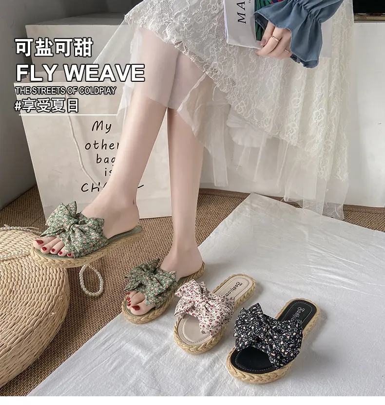 Women's summer fashionable beach footwear with bow, sandals flat, women's slippers, Collection Year 2024, suitable for outdoor wear — chobi 6