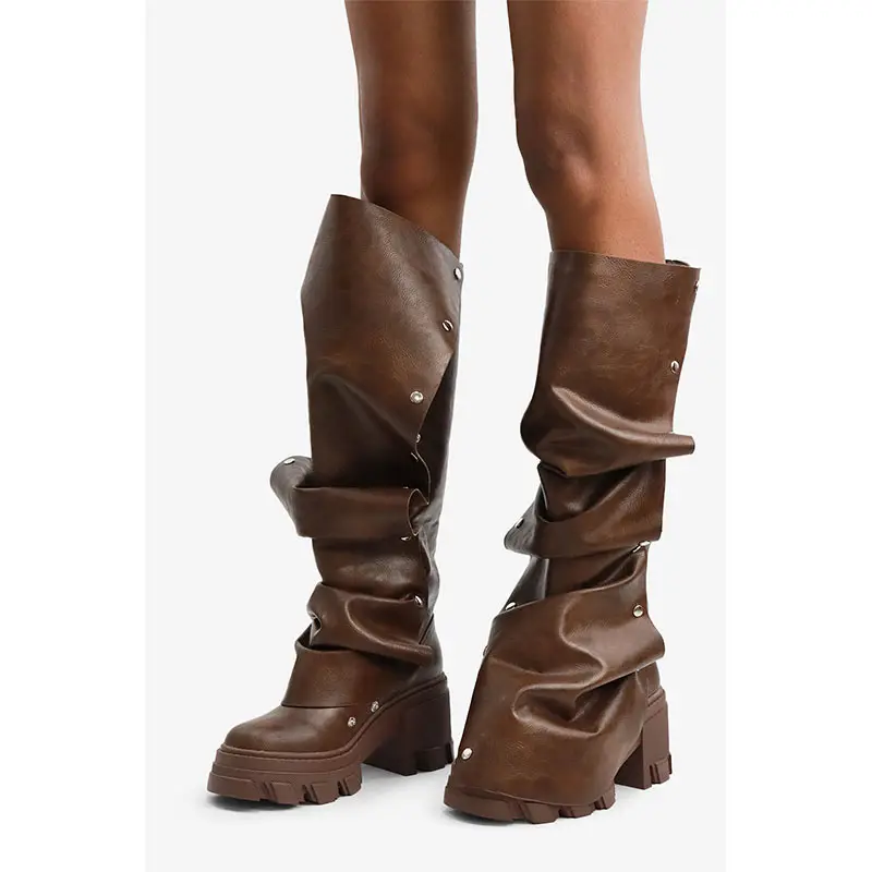 (Cross-border trading), high boots heels platform with studs, metallic color, wide stable heel, round toe, can be worn in two ways, plus size — chobi 3