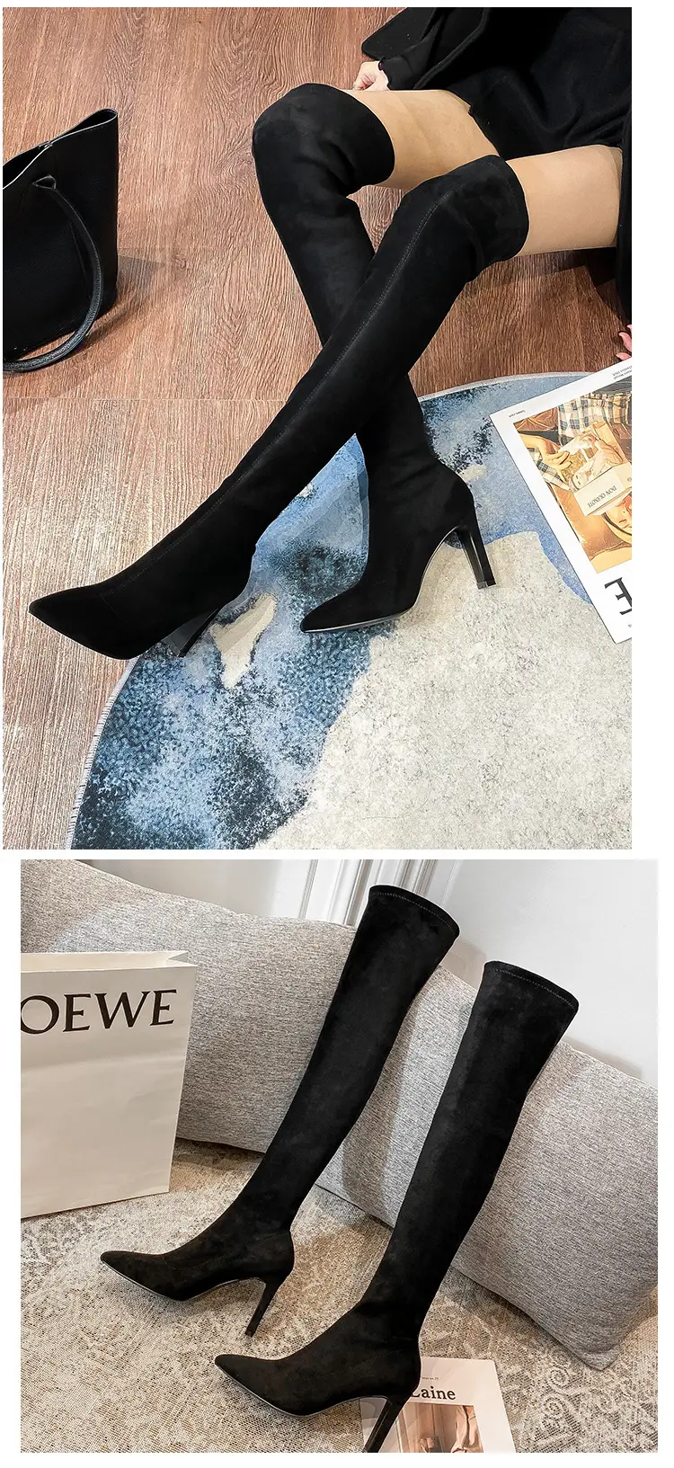 Demi-season solid color elastic high boots pointed-toe, Korean style, mid heel, wide stable heel — chobi 12