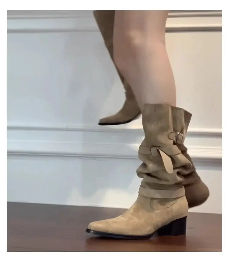 Autumn khaki suede high boots pointed-toe, 2026 years, wide stable heel, visually slimming — chobi 9
