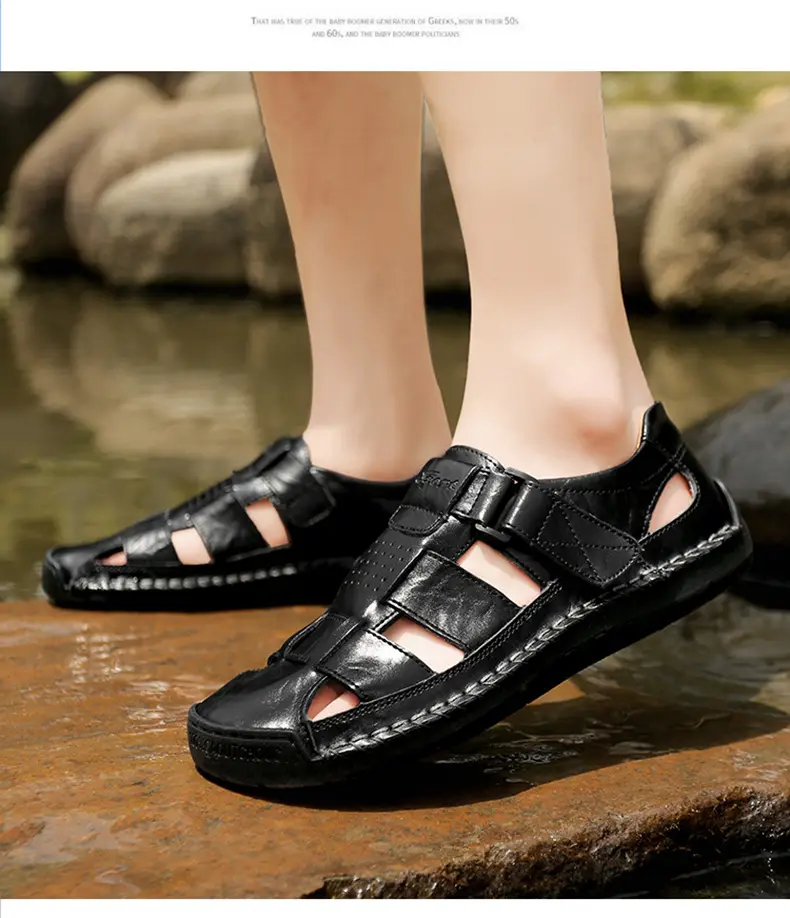 (Cross-border trading), fashionable leather men's slippers with decorative stitching, beach trend sandals, genuine leather, summer 2024 — chobi 17