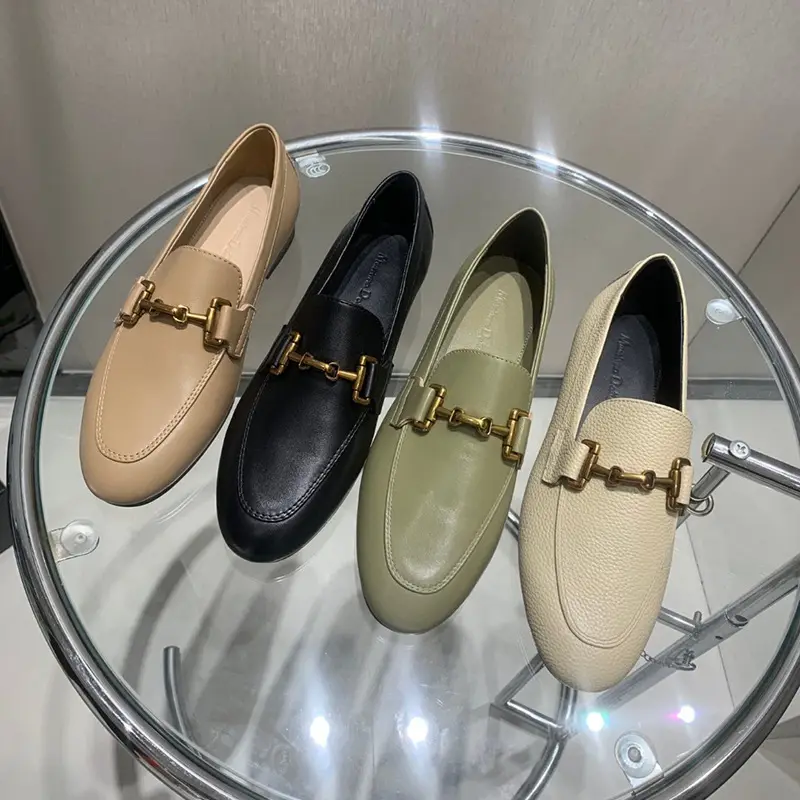 Autumn leather casual loafers flat, metallic color, 2023, trend of season, round toe, cowhide — chobi 2