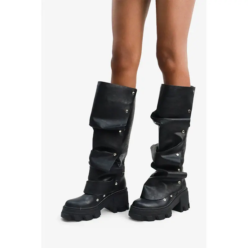 (Cross-border trading), high boots heels platform with studs, metallic color, wide stable heel, round toe, can be worn in two ways, plus size — chobi 5
