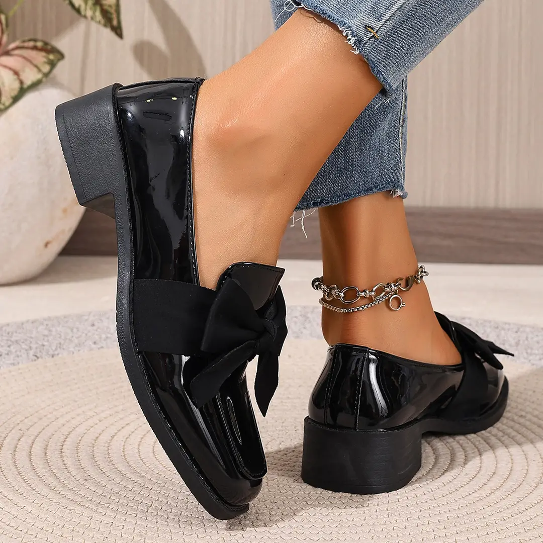 (Cross-border trading), black loafers English style flat with bow, Collection Year 2026, plus size, British style, easy to put on — chobi 3