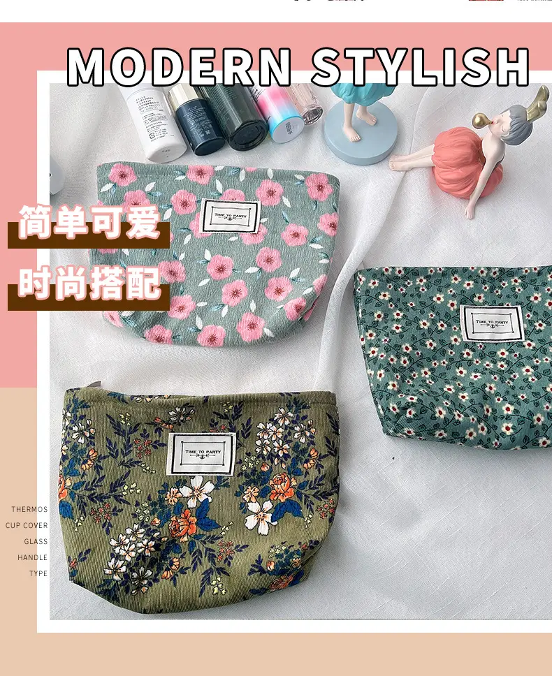 Retro cosmetic bag, cloth, storage bag for traveling, handheld organizer bag, flowered — chobi 1