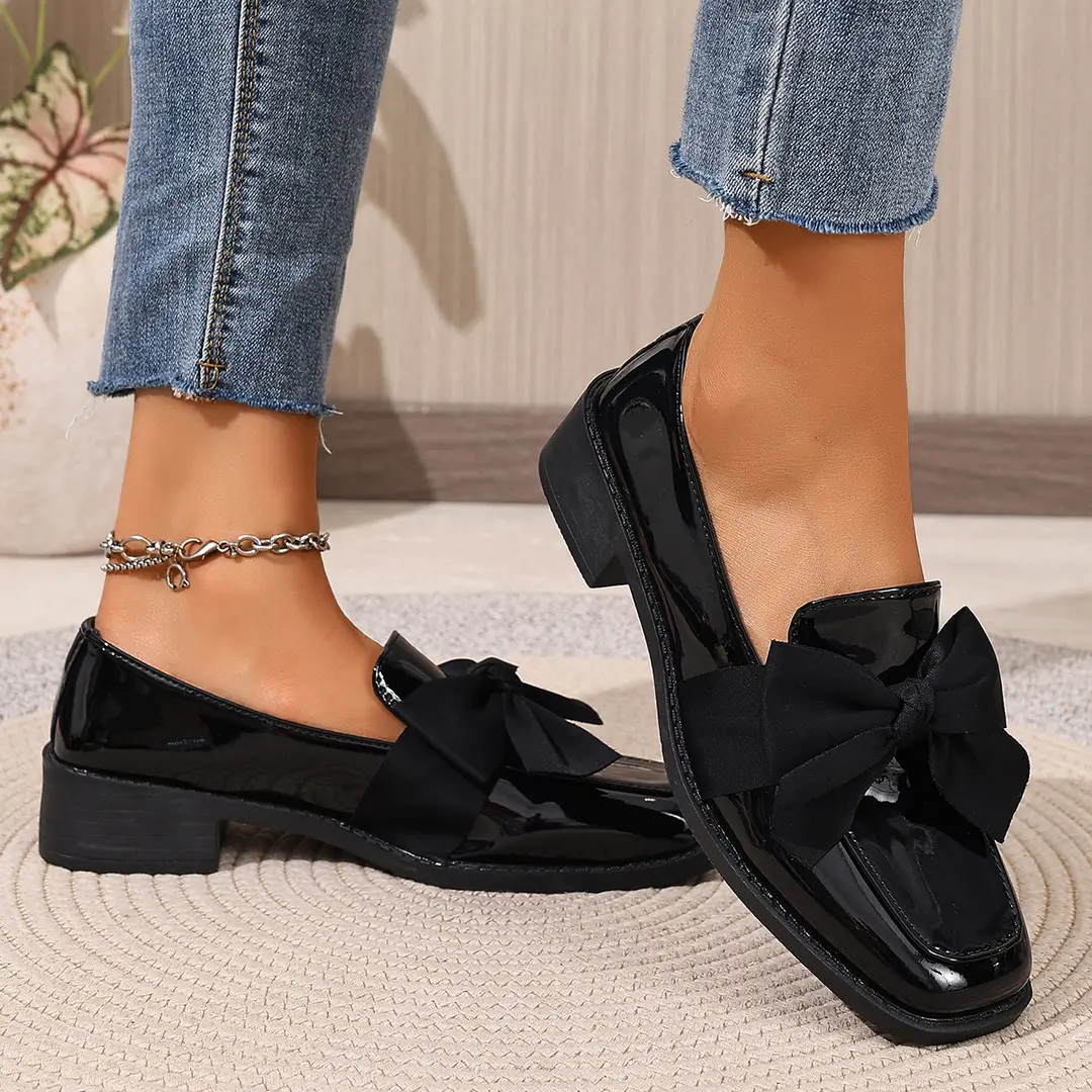 (Cross-border trading), black loafers English style flat with bow, Collection Year 2026, plus size, British style, easy to put on — chobi 2