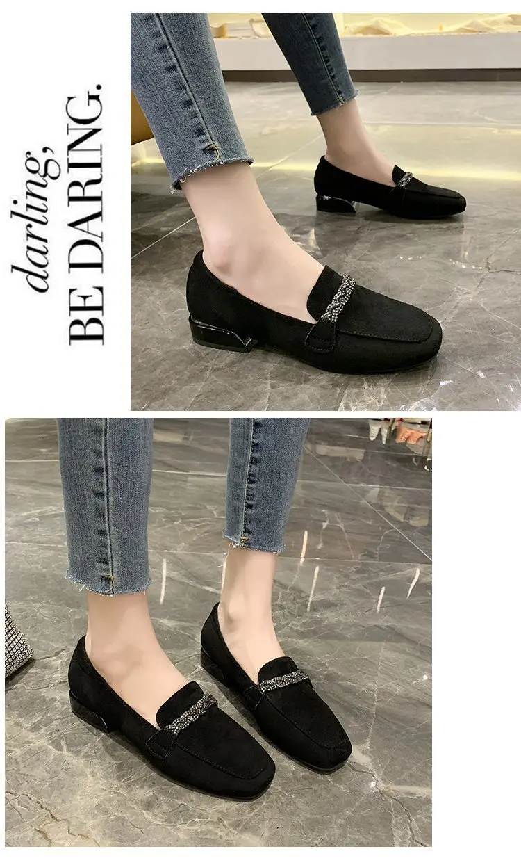 Suede autumn shoes flat English style square toe, loafers, Korean style, British style, low heel, wide stable heel, French vintage style, non-slip sol — chobi 8