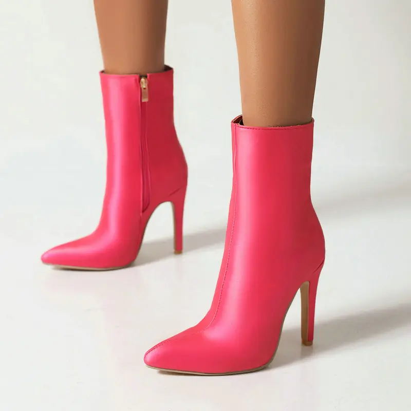Demi-season cloth pointed-toe stiletto heels with extremely high heels made of satin, chain with zipper, ankle boots, low boots — chobi 9