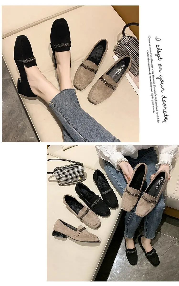 Suede autumn shoes flat English style square toe, loafers, Korean style, British style, low heel, wide stable heel, French vintage style, non-slip sol — chobi 7