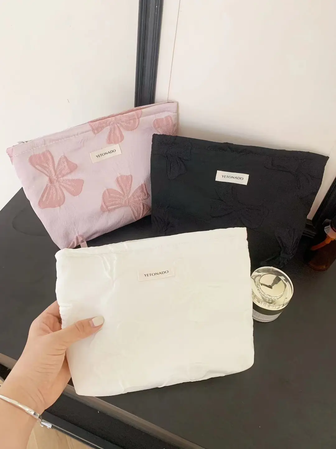Retro cosmetic bag with bow, lipstick for skin care, handheld capacious storage bag — chobi 15