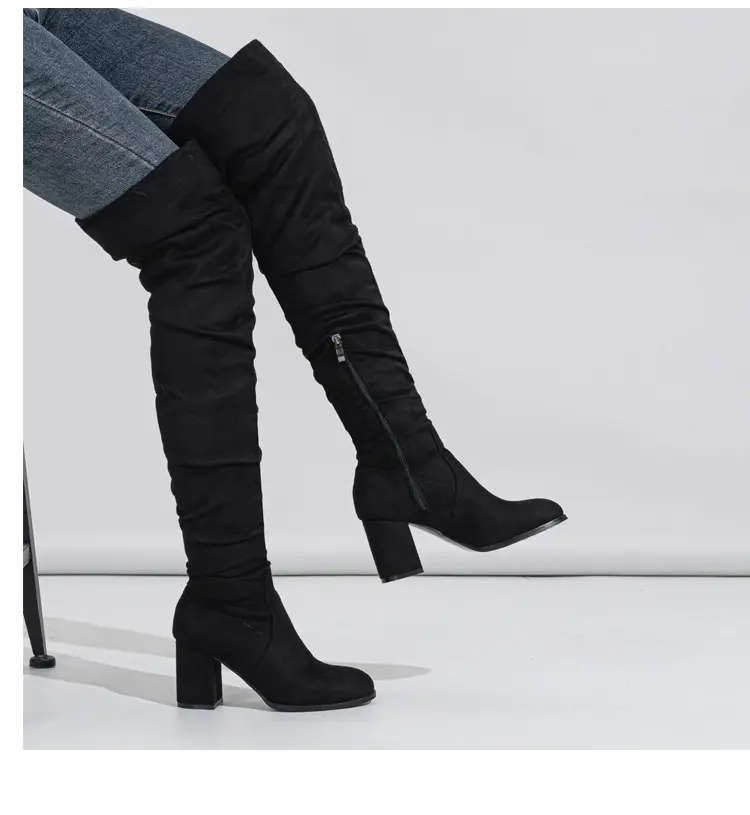 Spot - New foreign trade over-knee boots soft-faced natural wrinkled thick-heeled outdoor street catwalk women's boots size 35-42 — chobi 10