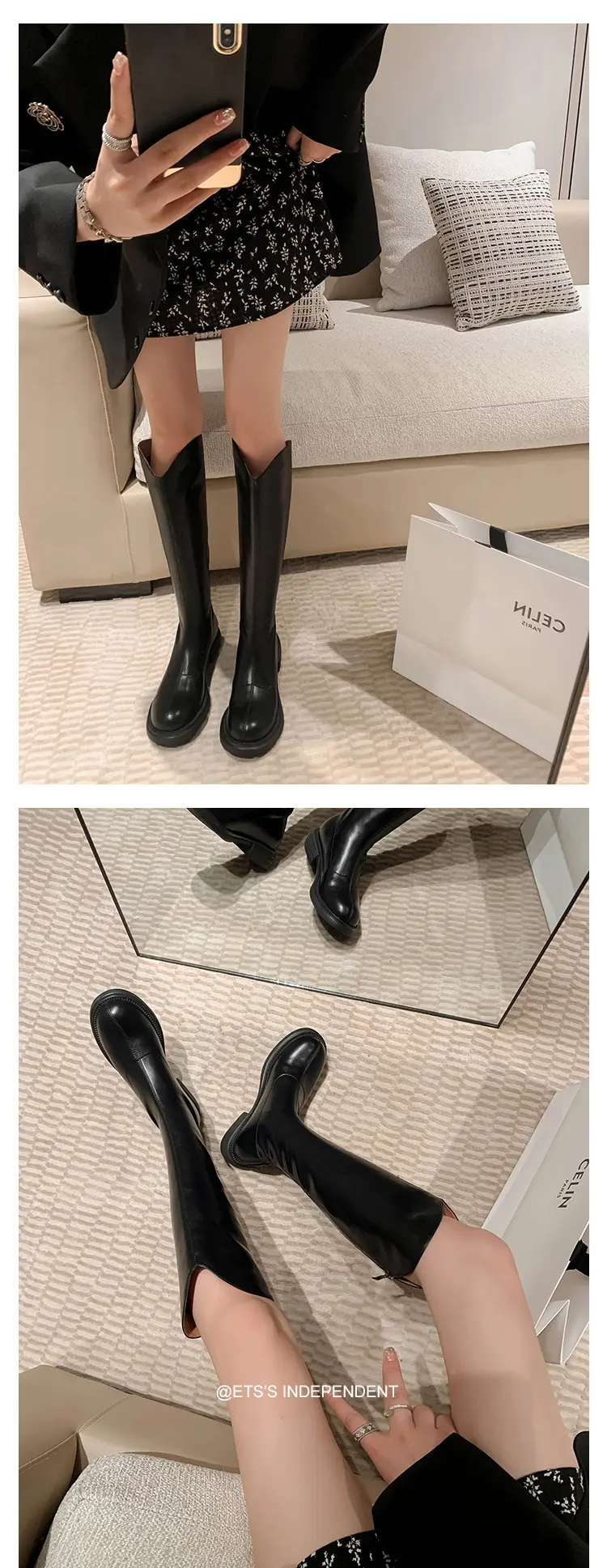 Denim demi-season high boots, visually slimming, genuine leather, 2023 — chobi 14