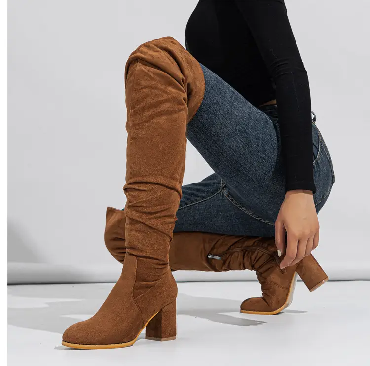 Spot - New foreign trade over-knee boots soft-faced natural wrinkled thick-heeled outdoor street catwalk women's boots size 35-42 — chobi 8